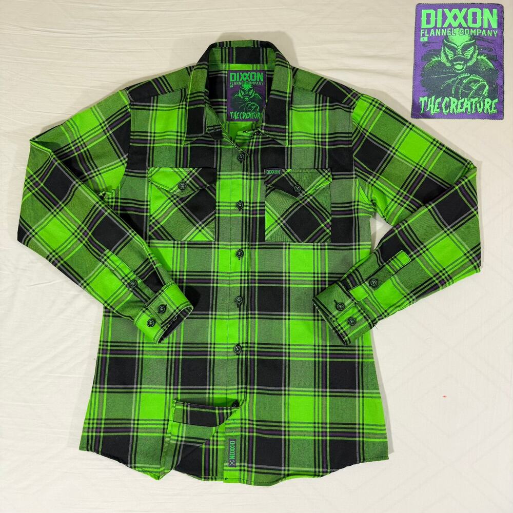 Rare DIXXON The Creature Flannel Women's Large Green Black Purple Horror Plaid